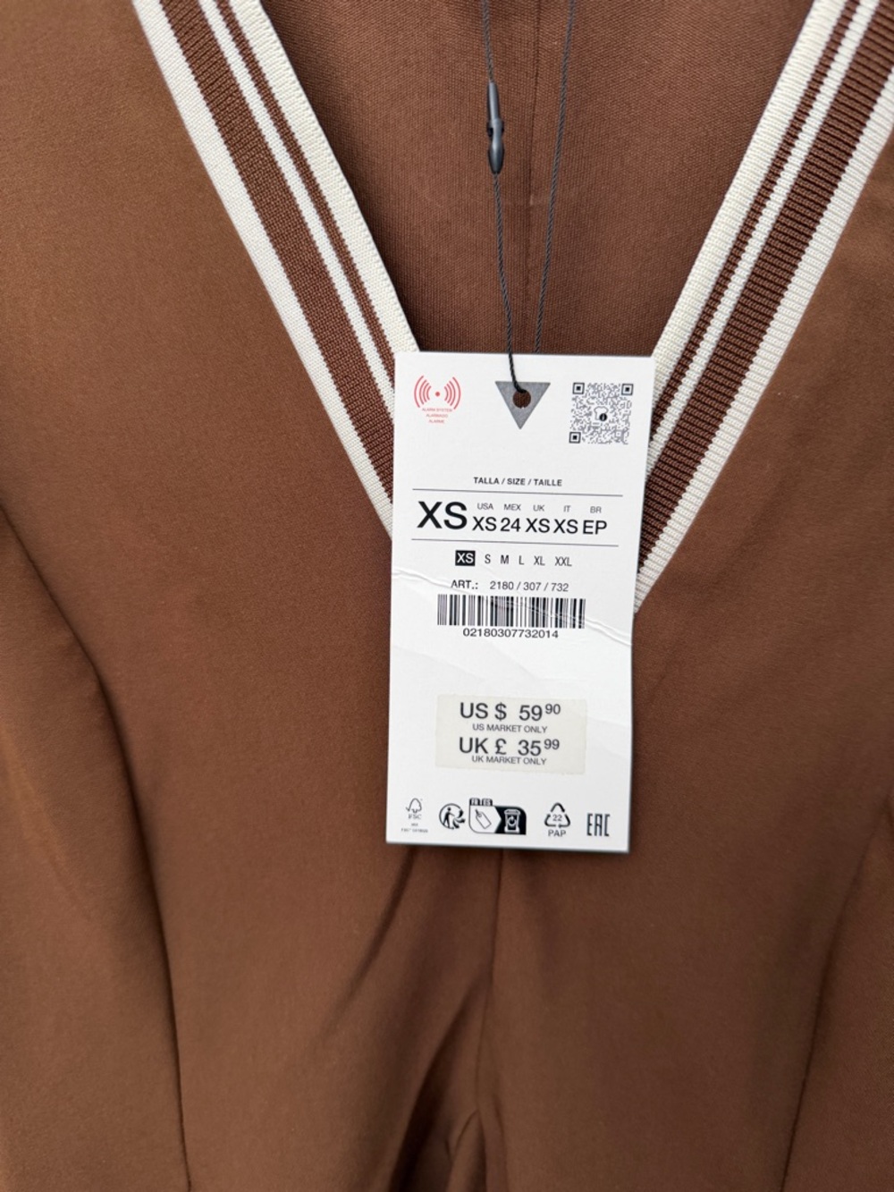 Zara Brown V-Neck Sleeveless Skater Dress with Contrast Trim sis XS - Picture 5 of 5